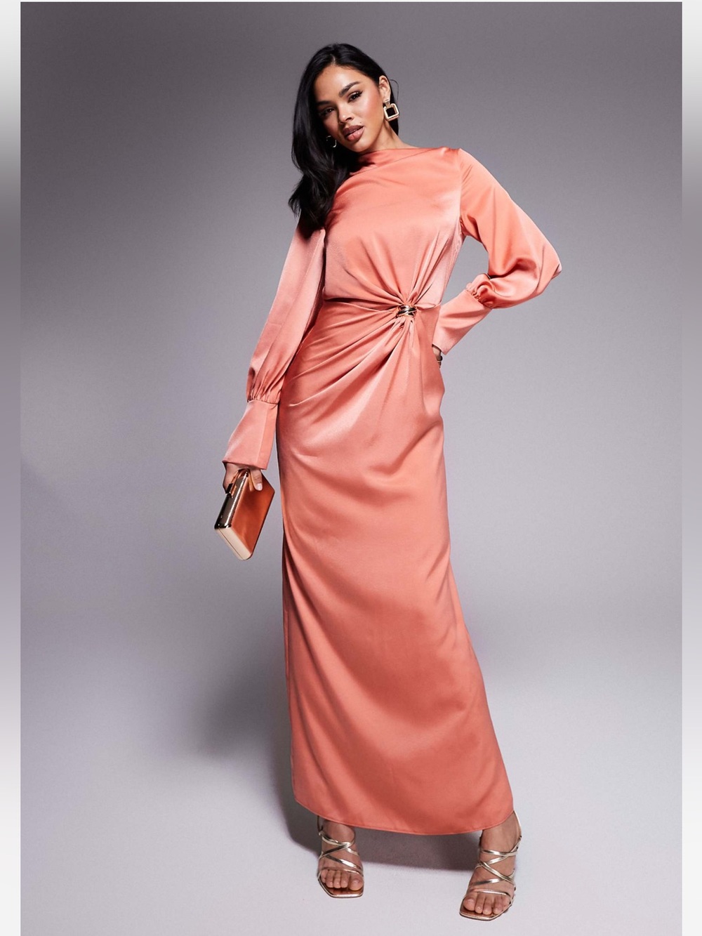 ASOS DESIGN twist front bias satin maxi dress with gold hardware in light copper